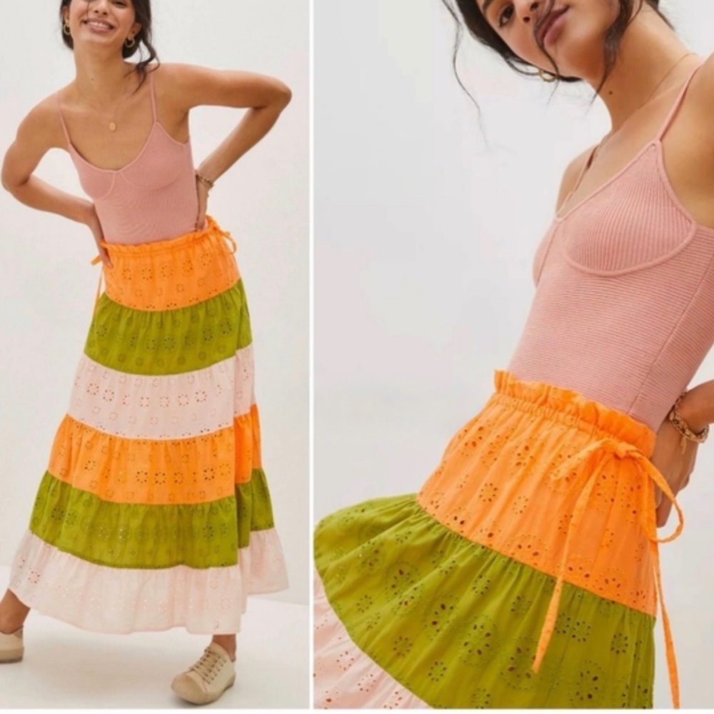 Anthropologie Orange and Green Tiered Maxi Skirt